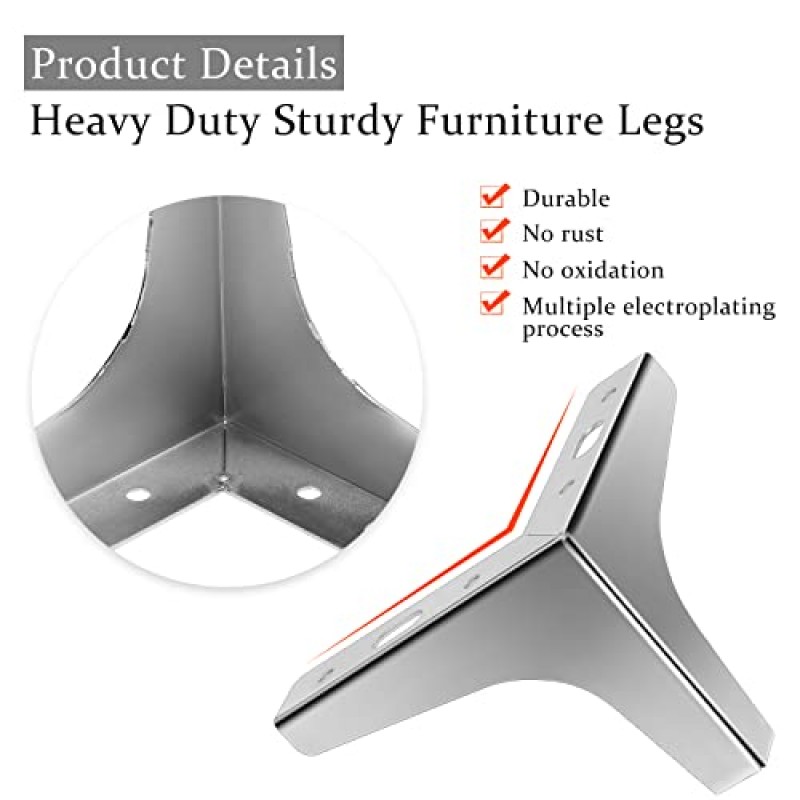 12 조각 금속 가구 다리 현대적인 스타일 삼각형 드레서 다리 소파 피트 의자 용 DIY 교체 다리 테이블 캐비닛 찬장 소파 소파 오토만 (실버, 4 인치)