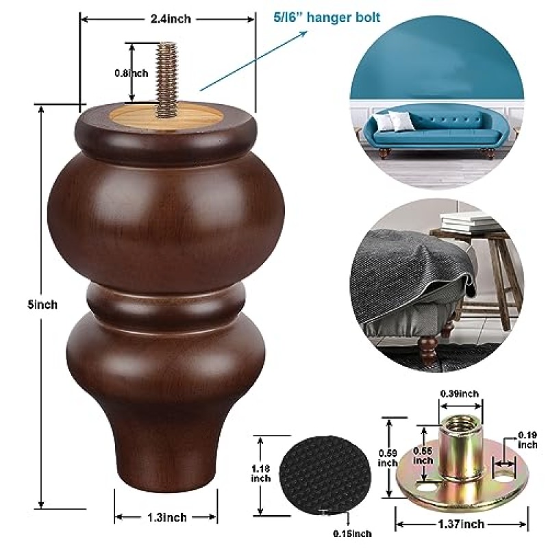 목재 가구 다리 -소파 다리 4개 세트, 소파 다리 5인치 원형, 중세 시대 현대식 교체 침대 다리, 테이블 의자 다리, 옷장 다리 오토만 다리, 가구 또는 DIY 프로젝트용 캐비닛 다리(갈색)