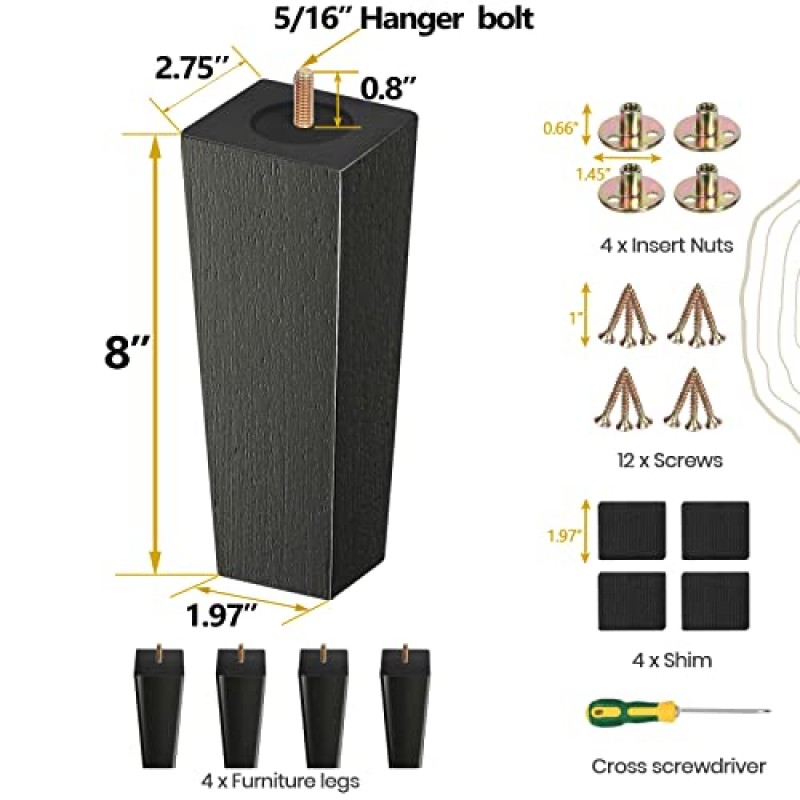 목재 가구 다리 검정색, 소파 다리 8인치, 소파 다리 4개 세트, 교체용 커피 테이블 다리, 의자 다리, 가구 또는 DIY 프로젝트용 침대 다리 및 오토만 다리. 표면의 천연 나뭇결