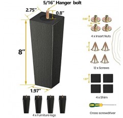 목재 가구 다리 검정색, 소파 다리 8인치, 소파 다리 4개 세트, 교체용 커피 테이블 다리, 의자 다리, 가구 또는 DIY 프로젝트용 침대 다리 및 오토만 다리. 표면의 천연 나뭇결