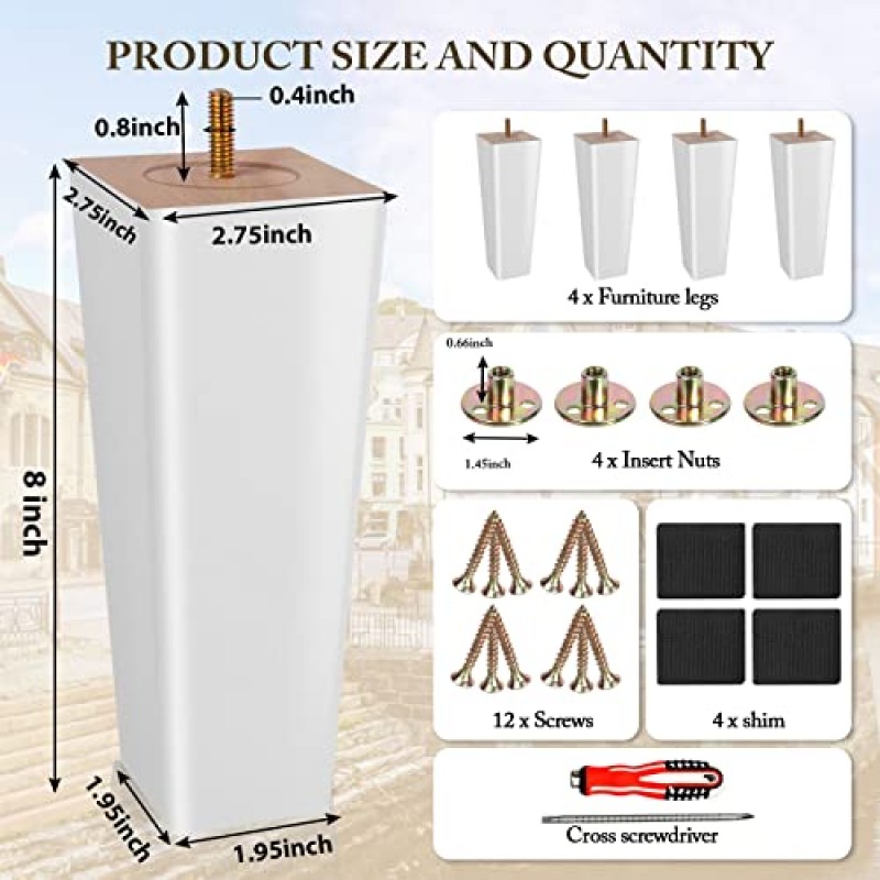 AFFOORD 흰색 가구 다리-나무 소파 다리 4개 세트, 세기 중반 현대식 정사각형 소파 다리 8인치 교체 의자 테이블 다리 가구 또는 DIY 프로젝트용 침대 다리