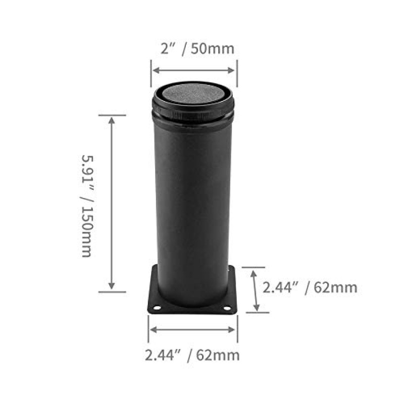 Kyuionty 스테인레스 스틸 가구 다리 4개 세트 6인치, 조절 가능한 원형 캐비닛 다리 2인치 직경 주방 피트, 캐비닛 소파 소파 선반 테이블용 금속 교체 다리(검은색)
