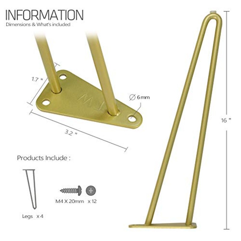 금 머리핀 다리 16인치 4개 세트 나사 및 바닥 보호 장치가 있는 헤비 듀티 황금 가구 다리, 커피 테이블, 엔드 테이블, 벤치, 소파용 DIY 프로젝트
