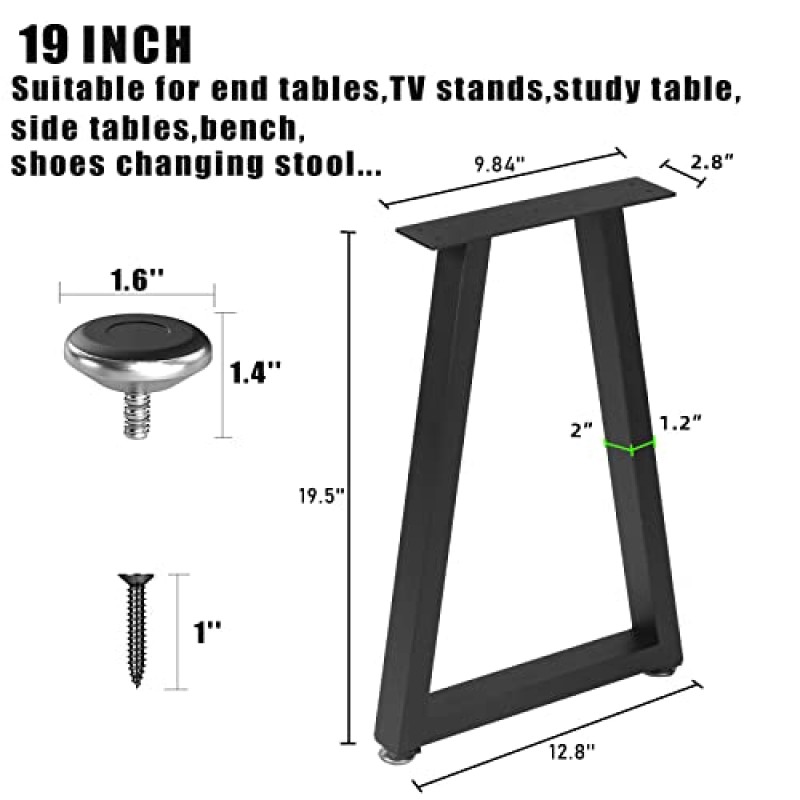 NXN-HOME 19인치 사다리꼴 금속 다리, 커피 테이블 다리, 벤치 금속 다리, 미드 센츄리 홈 DIY 프로젝트 2개 세트 검정색 가구 다리(19.5