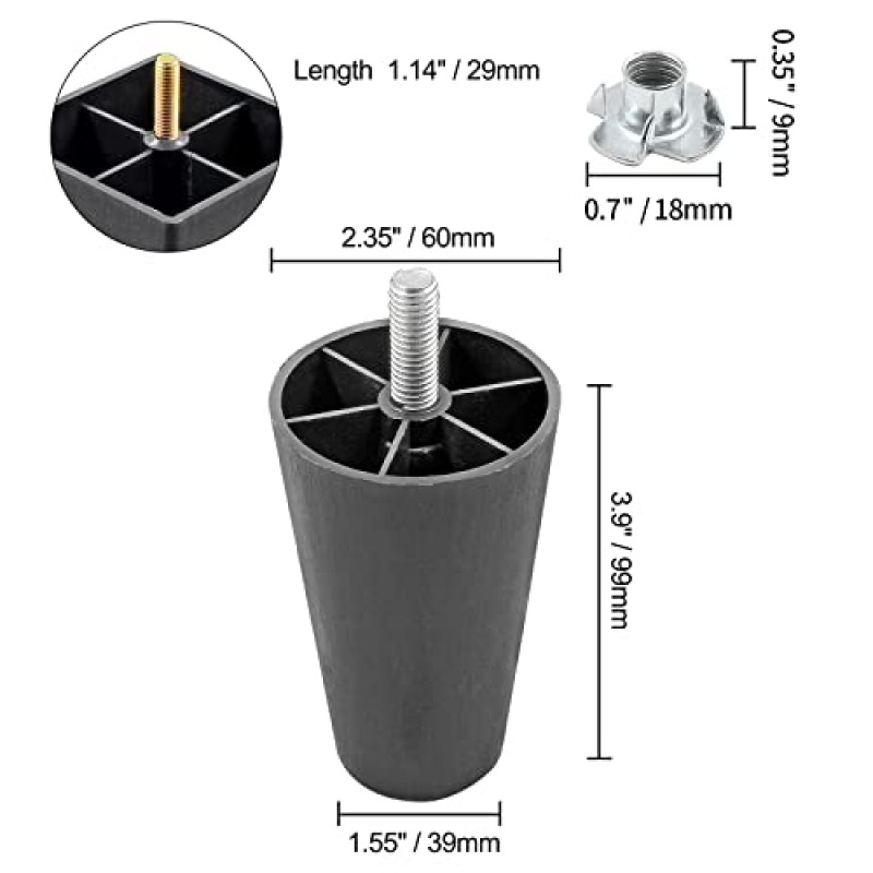 Seimneire 4Pcs 4 인치 소파 다리, 테이퍼 가구 다리 소파 드레서 캐비닛 의자 침대 커피 테이블 용 M10 행거 볼트가있는 플라스틱 소파 피트, 상단 너비 2.35 