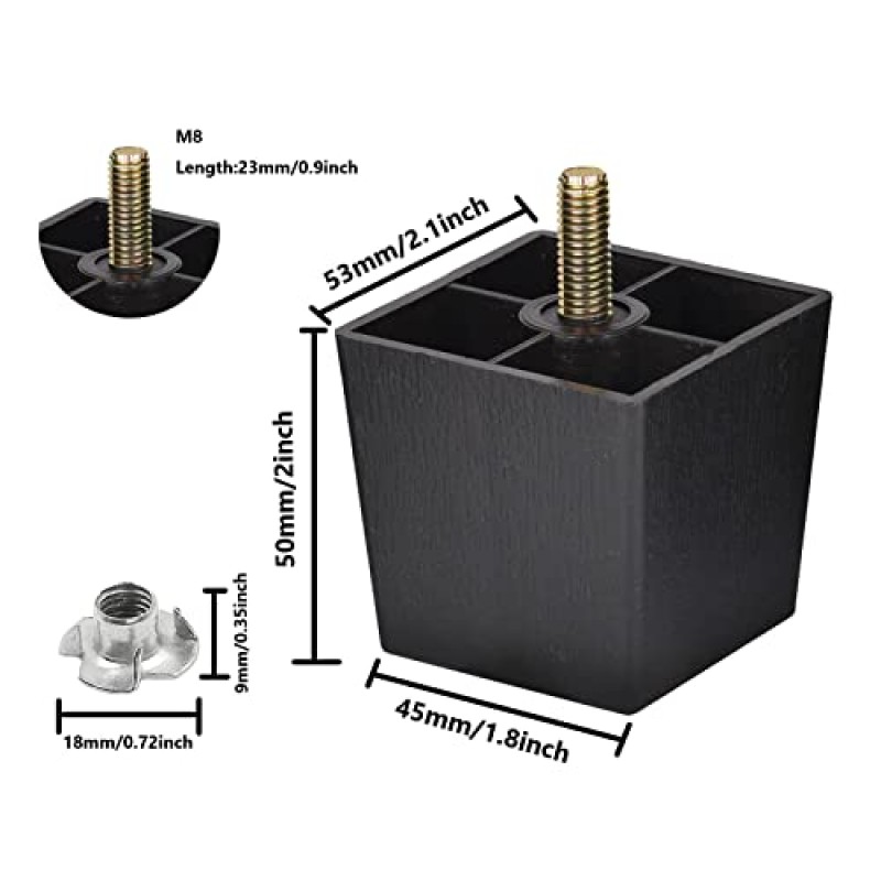 Daksang 4 PC 2 인치 정사각형 소파 다리 플라스틱 소파 다리 교체 가구 다리, 소파 드레서 캐비닛 의자 침대 커피 테이블 (검정색, 50mm) 용 M8 행거 볼트가있는 세기 중반 캐비닛 피트