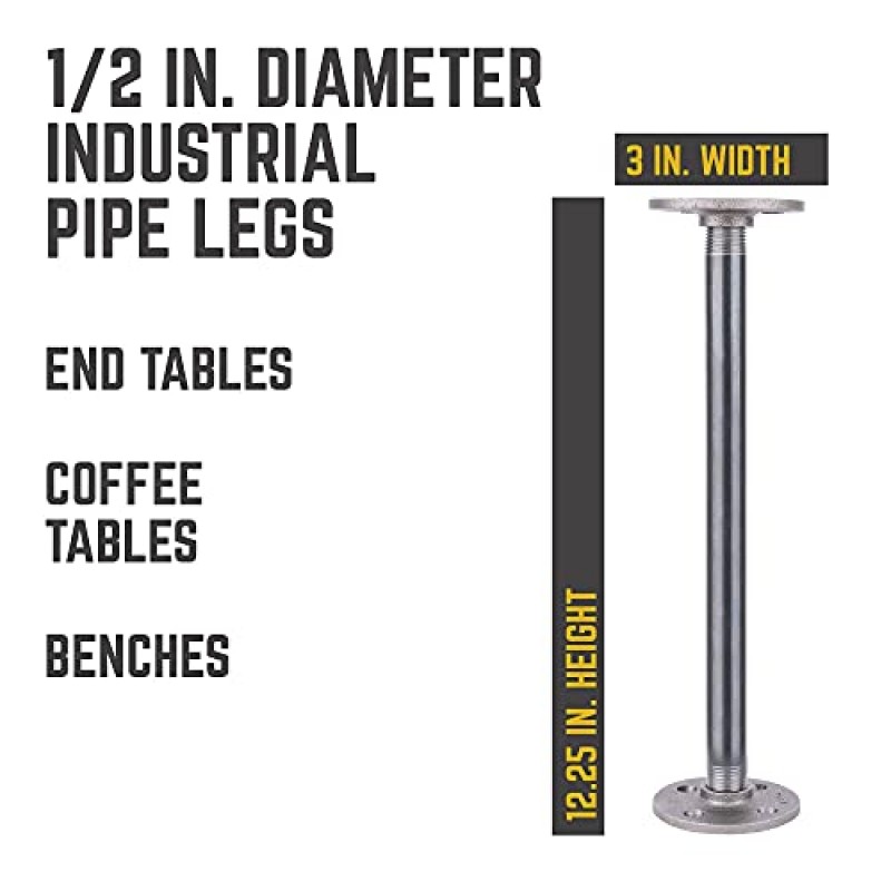 파이프 장식 소박한 산업용 테이블 다리, 맞춤형 빈티지 테이블 및 가구 장식용 정통 산업용 강철 회색 철 피팅, 플랜지 및 파이프, 하드웨어가 포함된 DIY 키트, (12인치)