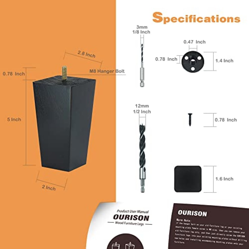 OURISON 5인치 목재 소파 가구 다리 4개 팩 - M8 볼트, 드릴 비트 포함 - 가구, 안락 의자, 안락 의자, 오토만, 캐비닛, 스탠드용 에스프레소 정사각형 테이퍼 소파 교체 다리 다리
