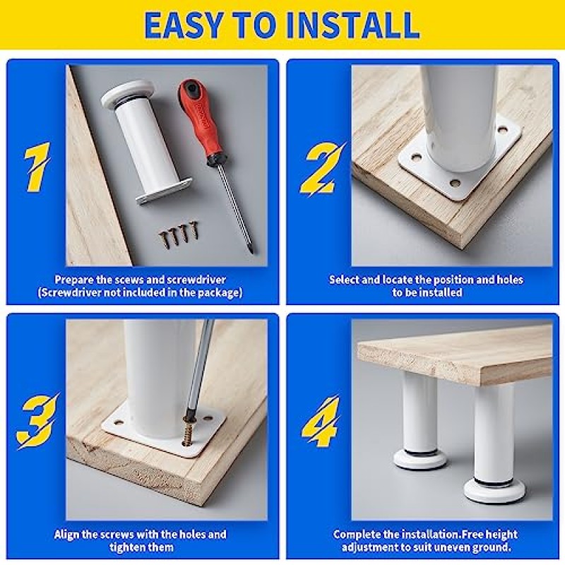 Olldag 4개 높이 조절 가능 가구 지지 다리 [나사 포함] 3.15-4.72인치, 의자/침대/소파/캐비닛/소파/드레서/침대/테이블용 금속 헤비듀티 가구 교체 다리(흰색)