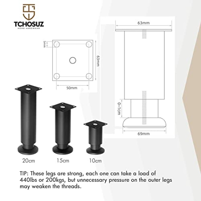 TCHOSUZ 8 인치/20cm 금속 가구 다리, 홈 DIY 프로젝트를위한 현대 스테인레스 스틸 테이퍼 교체 피트 4 개 팩 소파 소파 캐비닛 나이트 스탠드 TV 스탠드