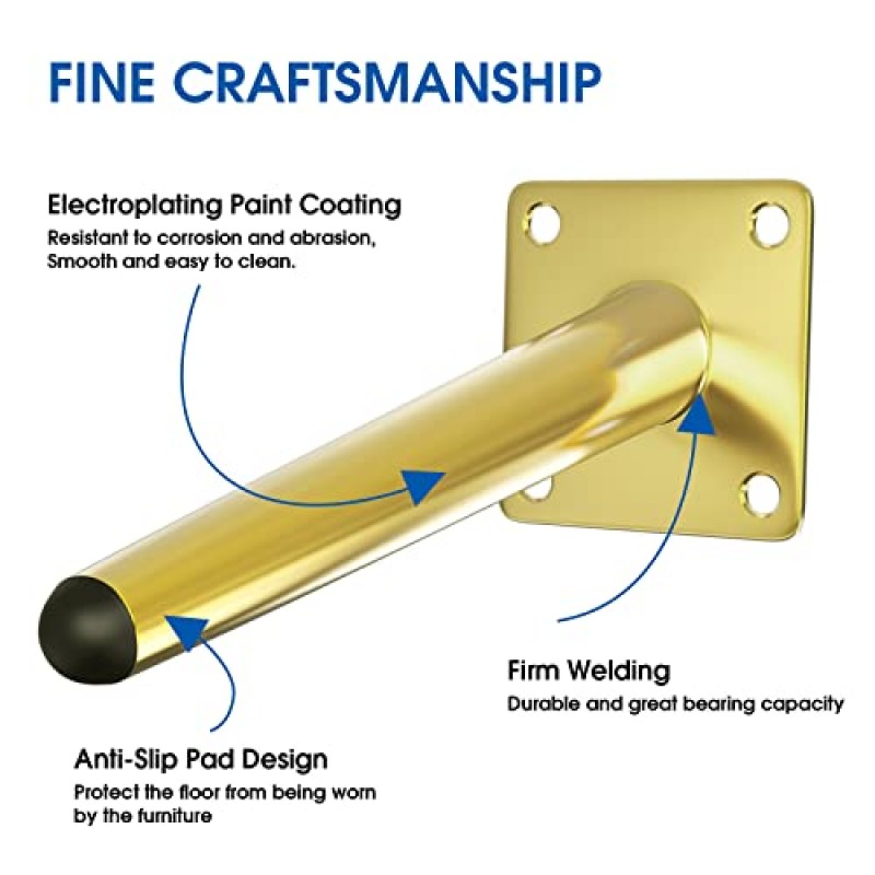 가구 다리 4개 세트 8인치 현대식 가구 다리 중세 비스듬한 원추형 금속 다리 책상, 캐비닛, 테이블+장착 나사용 금속 높은 테이퍼 경사 피트 소파 교체 다리(금색)