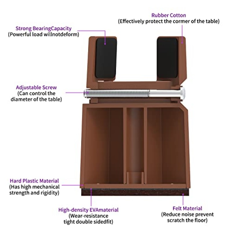 Ezprotekt 나사 클램프가 있는 조정 가능한 3인치 의자 라이저, 소파 테이블 침대 가구 라이저는 직각 다리에만 적합, 0.8'~1.6'에서 조정 가능한 너비, 20,000파운드 지원(갈색, 4팩)