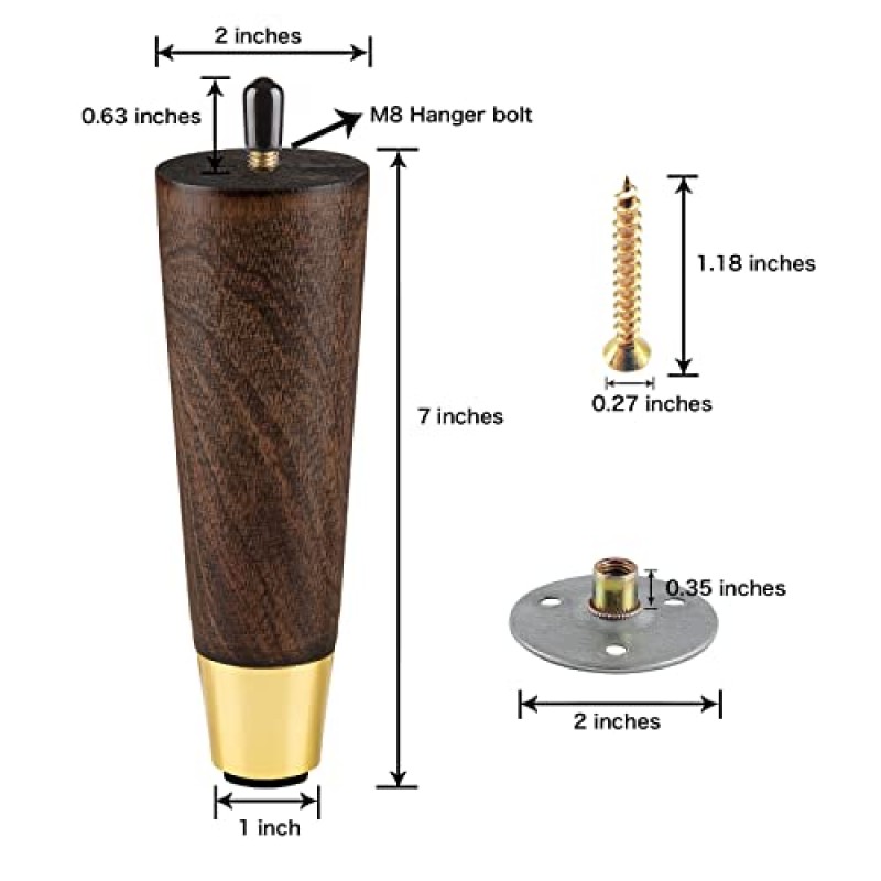 ALAMHI 7인치 목재 가구 다리, 콘 소파 다리 4개 세트, 미드 센추리 모던 책상 다리, 가구 또는 DIY 프로젝트용 다리 교체 - 소파 다리, 의자, 오토만, 스툴, 커피 테이블, 침대 등