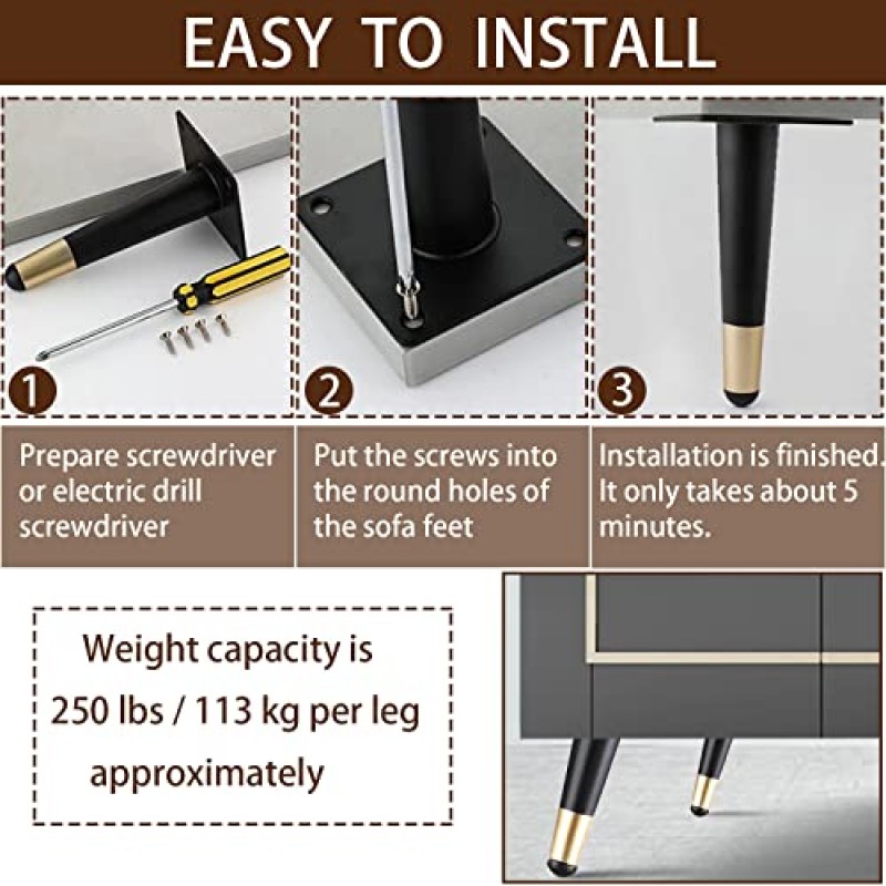 6인치 가구 다리, 소파 캐비닛 소파 오토만 찬장 지원 홈 DIY 프로젝트, 블랙 & 골드 컬러(4개 세트)용 장착 나사가 있는 비스듬한 원추형 현대식 금속 교체 다리