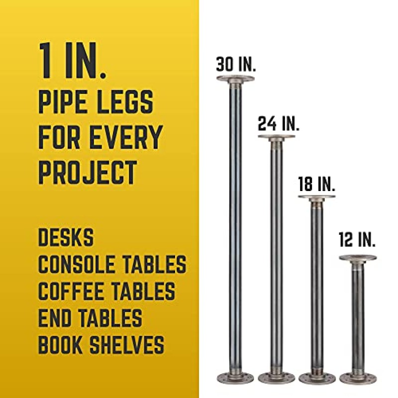 파이프 장식 테이블 다리, 정통 강철 배관 파이프가 포함된 가단성 철 원형 플랜지, 하드웨어가 포함된 DIY 커피 테이블 다리 키트, 3.75인치 직경 x 18인치 높이, 4팩