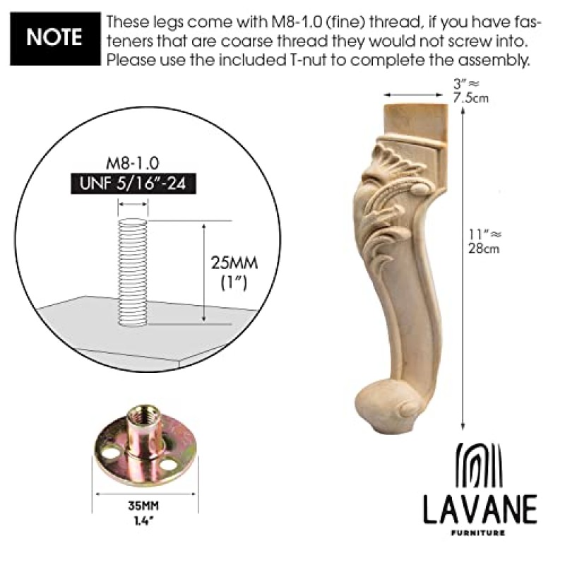 라 베인 10 인치/25cm 나무 가구 다리, 4 유럽 스타일의 단단한 나무 조각 가구 교체 피트 장식 소파 캐비닛 옷장 테이블 Loveseat 세트