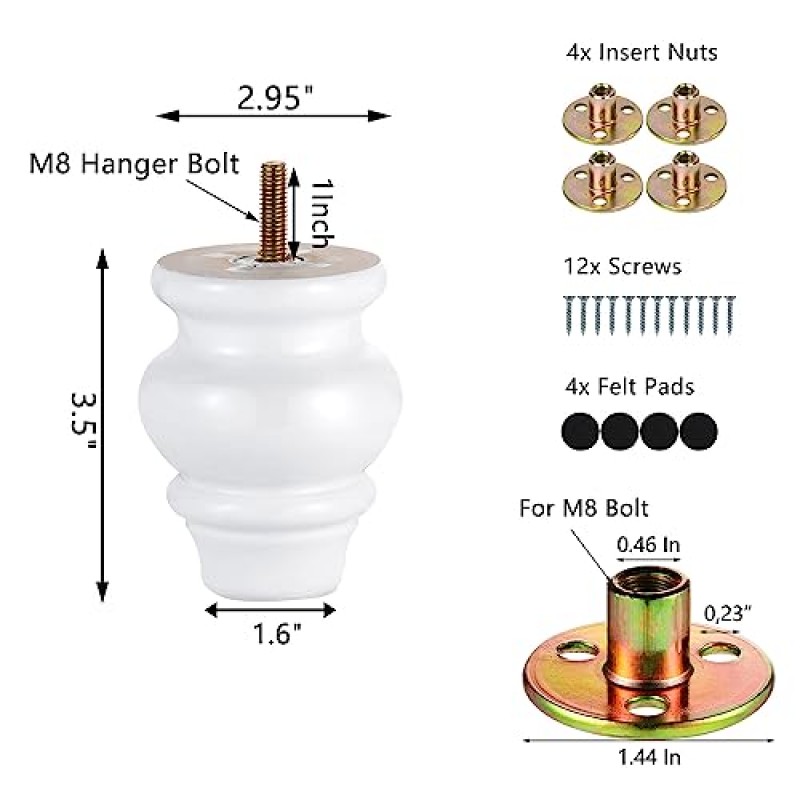 Michanco 3.5 인치 흰색 가구 다리 롤빵 피트 소파 소파 오토만 용 4 개의 원형 교체 가구 다리 세트