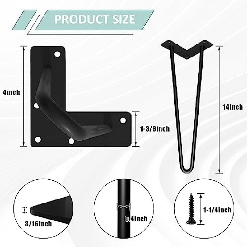 Bombking 머리핀 다리 14인치 철 가구 다리 캐비닛, 벤치, 옷장, TV 캐비닛, 서랍, 바닥 보호 장치 및 나사가 있는 스탠드용 미드 센추리 모던 스타일 헤비 듀티 테이블 다리