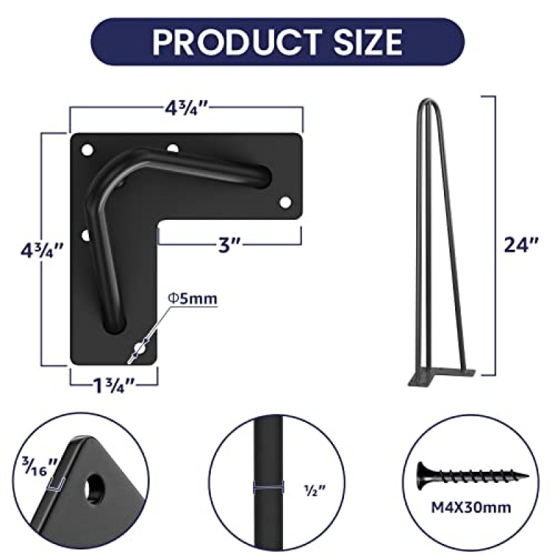 SMARTSTANDARD 머리핀 테이블 다리 24인치, 1/2' 3개의 단단한 강철 막대, 900lbs 부하 용량, 커피 테이블, 사이드 테이블, 나이트 스탠드용 미드센추리 스타일(검은색, 4개)