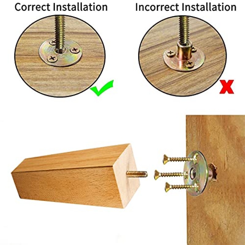 HANMFEI 원목 가구 다리, 소파 다리 4개 세트, 소파 소파 드레서 의자 등을 위한 정사각형 세기 중반 소파 다리 교체, 5/8인치, 장착 부착판 포함(6인치)