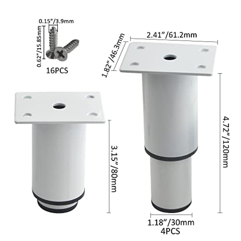 XINMEIWEN 4팩 금속 조정 가능한 가구 다리 캐비닛 발 다리 테이블 침대 소파용 헤비 듀티 침대 센터 프레임 판금 지지대 다리(3'/80mm-4.7'/120mm, 흰색)