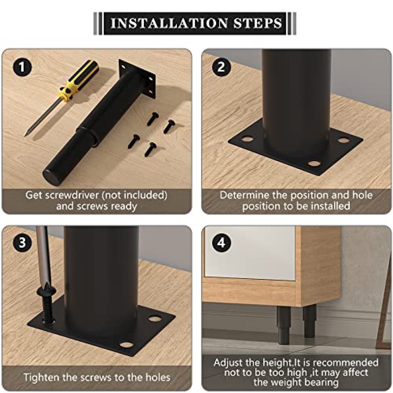 Dikeo 금속 조절식 가구 다리 4.72-7.08인치, 4팩 캐비닛 다리 소파 다리, 소파/테이블/옷장/침대용 고강도 조절식 높이 교체 다리, 가구용 다리 4개 세트 - 검정색