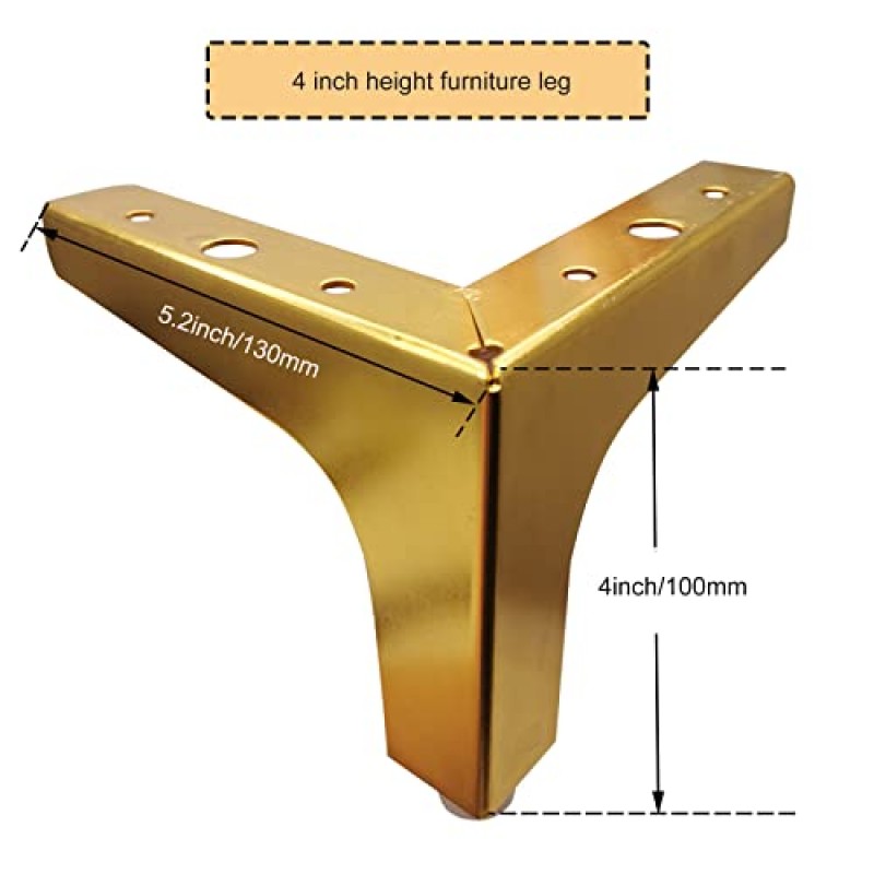 M MIMHOOY 4 인치 가구 다리, 4 개의 금속 가구 다리 세트 현대 삼각형 피트 소파 캐비닛 찬장 소파 의자 오토만 용 럭셔리 골드