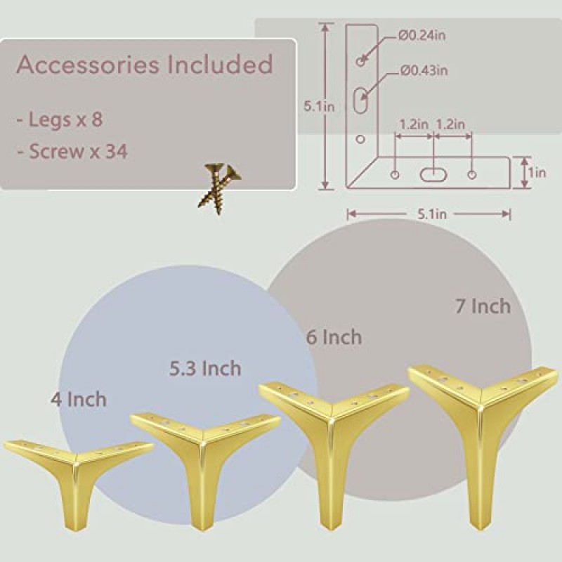 KOIKEY 골드 캐비닛 금속 가구 다리 소파, 드레서, 오토만, 소파, 의자, 8개 세트용 6인치 현대 삼각형 헤비 듀티 교체 피트