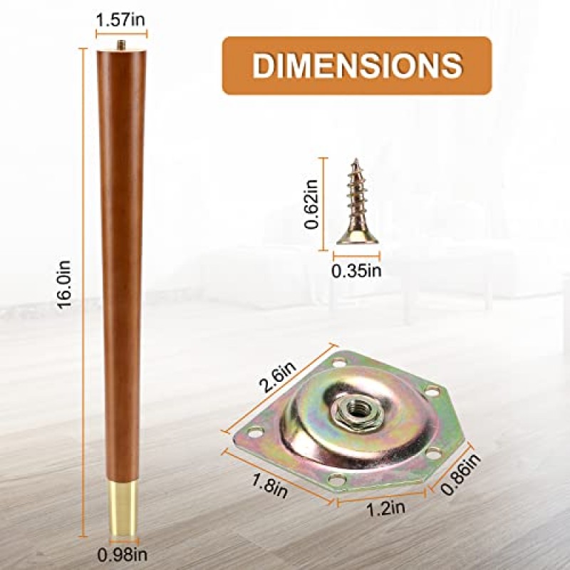 XBurmo Mid Century 테이블 다리, 16' 스툴 벤치용 각진 테이퍼 원목 테이블 다리, 골드 메탈 엣지 마운팅 플레이트가 있는 가구용 다리 4개 세트
