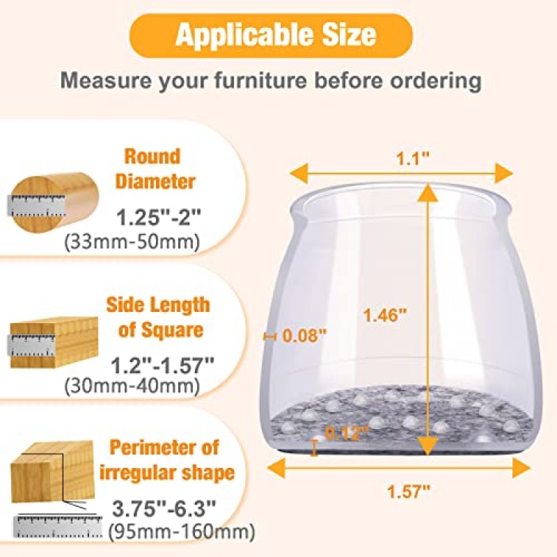 의자 다리 바닥 보호대 - 24개 업그레이드된 실리콘 의자 다리 슬라이더 펠트 패드 가구 컵 나무 바닥 의자 양말 의자 커버 둥근 사각형 가구 피트용 테이블 다리 캡 대형 1.3
