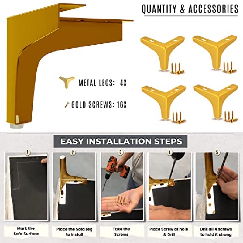 OAKZA 삼각형 금속 금색 가구 다리 4인치 - TV 스탠드, 소파, 옷장, 캐비닛, 침대, 고무 바닥 보호대가 있는 소파용 현대식 교체 가구 다리(4개 세트)