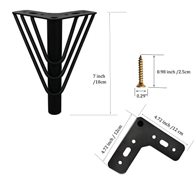 Kualuzt 7 인치 가구 다리 소파 소파 드레서 캐비닛 등을위한 고무 바닥 보호대가있는 검은 색 금속 머리핀 다리 4 개 세트