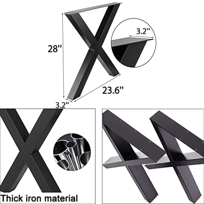 Tonchean 2 테이블 다리 세트 28x24 인치 X 프레임 식사 다리 헤비 듀티 산업용 금속 가구 다리 책상 벤치 다리 X 모양 DIY 스틸 테이블 다리 실내 및 실외용 검정색
