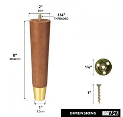 Ilyapa 목재 가구 다리 골드 토대 - 소파, 의자, 2인용 의자, 오토만, 옷장, 엔드 테이블용 갈색 8인치 테이퍼형 교체 가구 다리 4개 세트