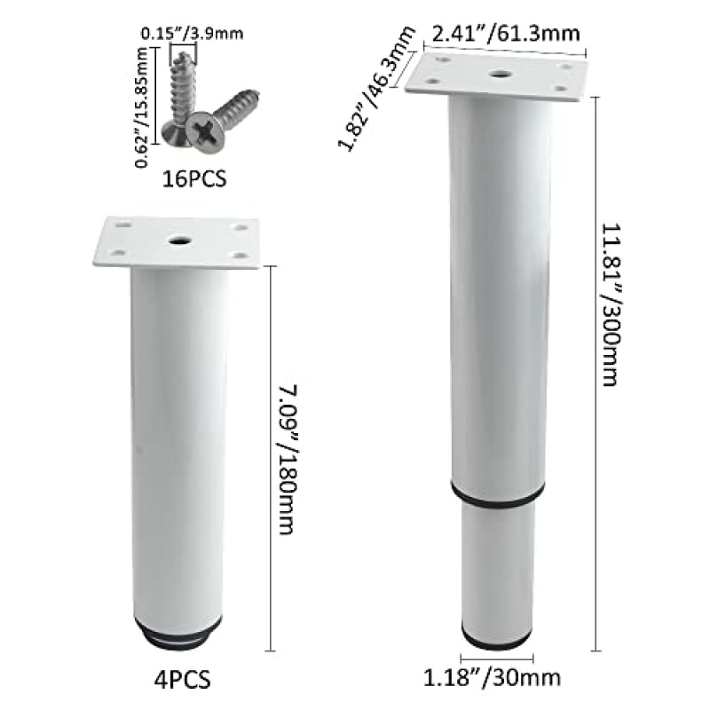 XINMEIWEN 4팩 금속 조정 가능한 가구 다리 캐비닛 발 다리 테이블 침대 소파용 헤비 듀티 침대 센터 프레임 판금 지지대 다리(7.1'/180mm-12'/300mm, 흰색)