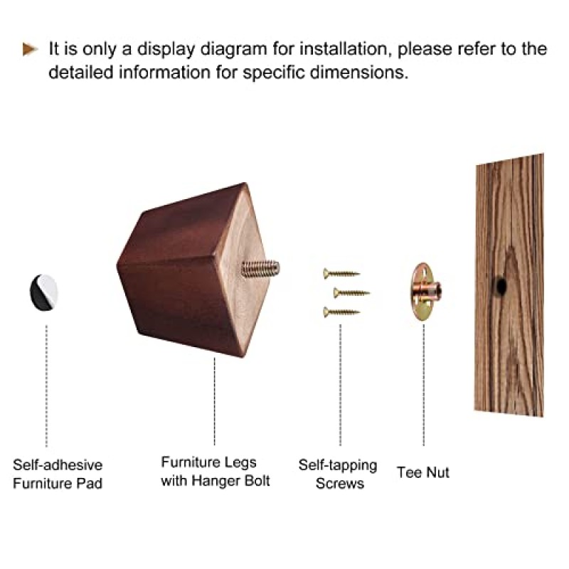 Uxcell 가구 다리, 2인치(50mm) 정사각형 단단한 나무 소파 다리 4개 세트 의자 테이블 발 소파 지지대 교체 부품, 액세서리 포함, 갈색
