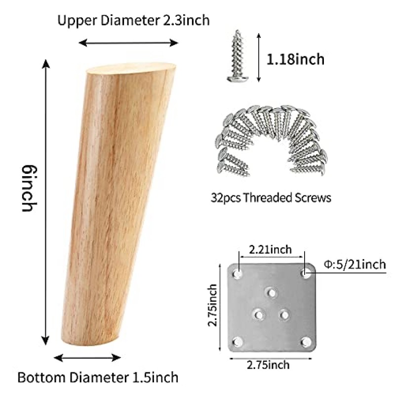 LBW 단단한 나무 가구 다리 둥근 소파 다리, 소파, 침대, 안락 의자, 캐비닛, 장착 플레이트가 있는 커피 테이블용 6인치 미끄럼 방지 교체 다리 4개 세트, 원래 목재 색상