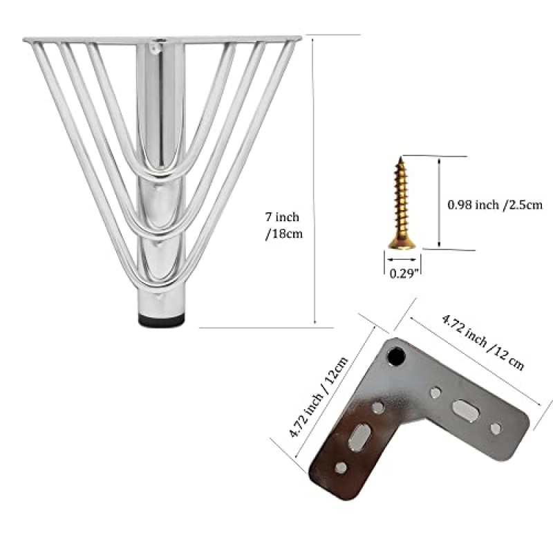 Kualuzt 6인치 실버 가구 다리 소파 소파용 튼튼한 삼각형 상단 플레이트 피트 4개 세트 고무 바닥 보호 장치가 있는 드레서 캐비닛(6인치, 실버)