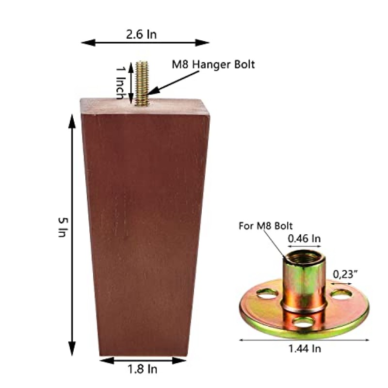 Maricome 5인치 소파 다리 소파용 목재 가구 다리 헤비 듀티 월넛 스퀘어 테이퍼 피라미드 4개 세트