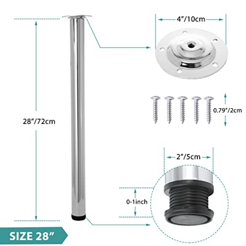 MEETWARM 28인치 높이 조절 가능한 금속 사무실 테이블 다리, 직경 50mm, 주방 저녁 식사 책상 가구 다리 세트, 4개 세트(크롬)