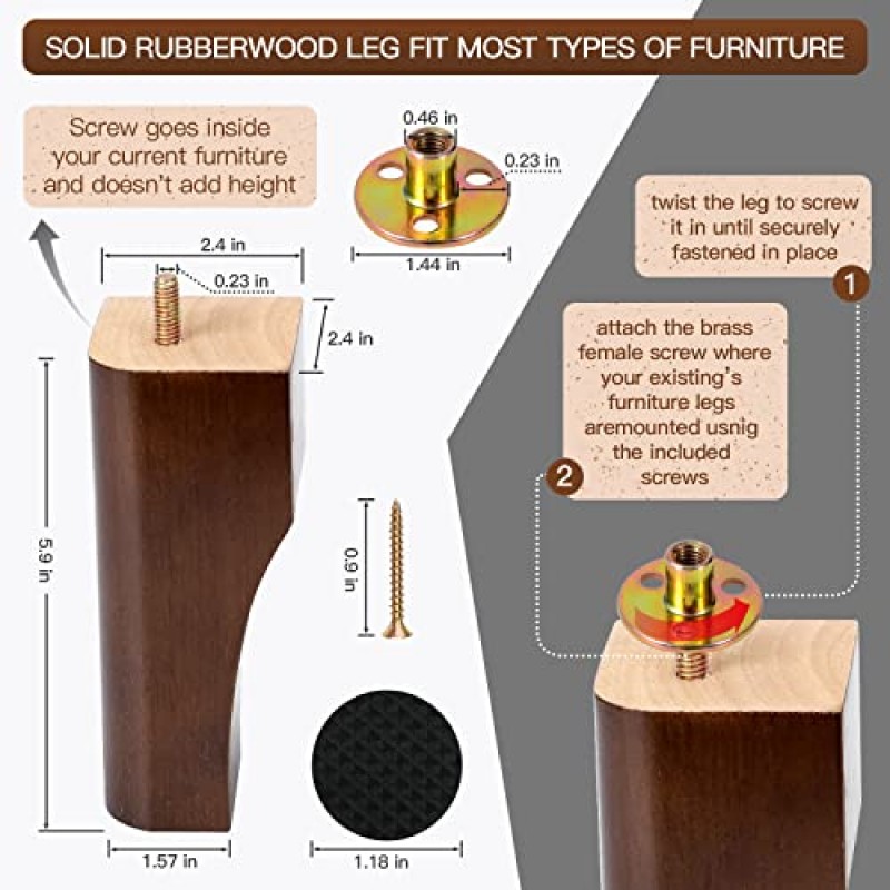 6인치 목재 가구 다리 나무 소파 다리 4개 세트 세기 중반 현대식 교체용 소파 침대 커피 의자 책상 테이블 다리 사전 뚫린 5/16인치 볼트 및 나사 및 고무 패드(6