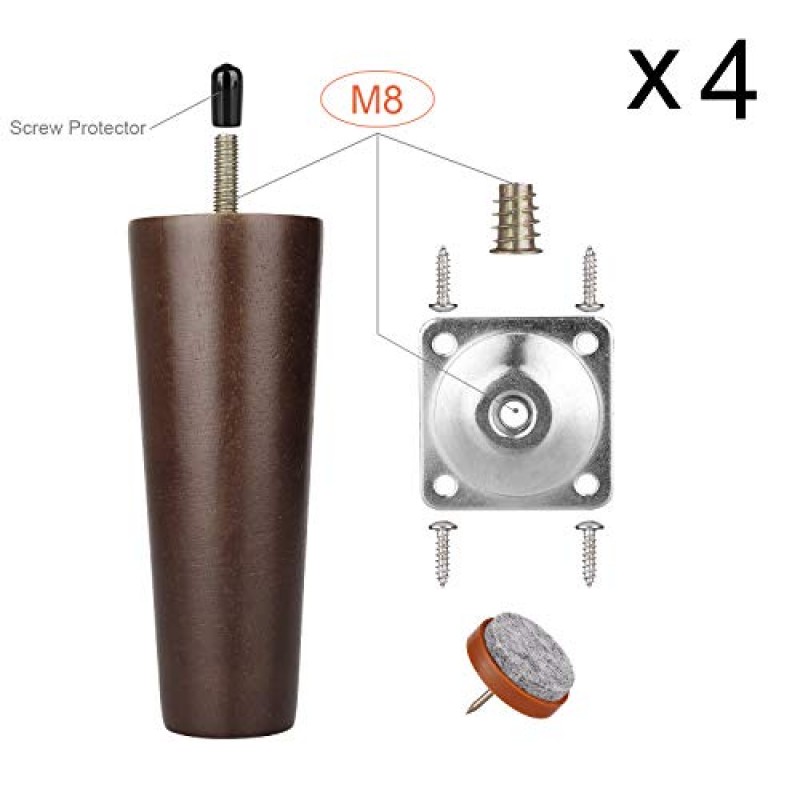 가구 다리 6 인치 소파 다리 중세 현대 호두 나무 가구 다리 다리 장착 플레이트가있는 교체 다리 및 소파 캐비닛 소파 오토만 커피 테이블 벤치 의자 용 펠트 보호대