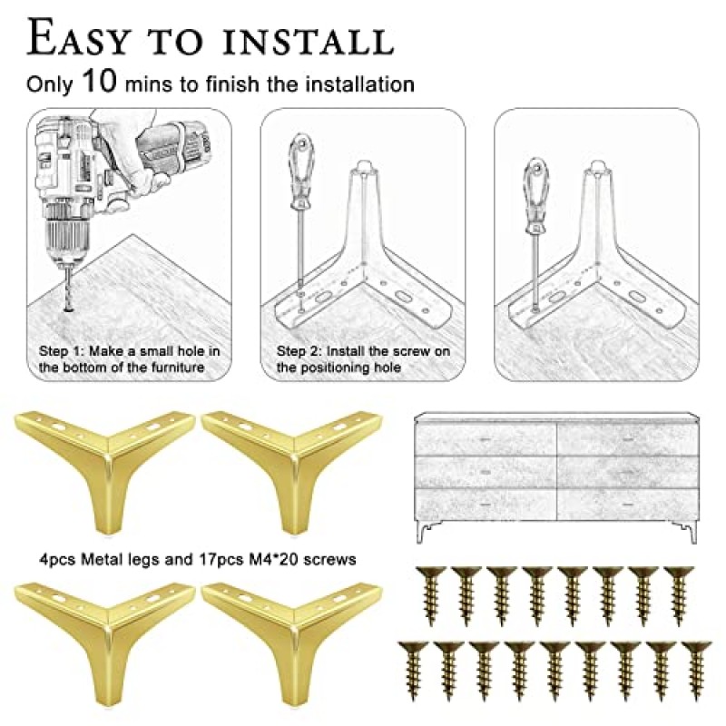 OneDream 금속 드레서 다리 4개 세트 - 골드 가구 다리 4인치 드레서 소파 캐비닛 소파 침대 교체용 장착 나사 포함 러브시트 오토만