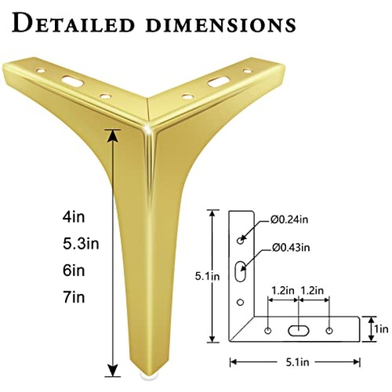 OneDream 금속 드레서 다리 4개 세트 - 골드 가구 다리 4인치 드레서 소파 캐비닛 소파 침대 교체용 장착 나사 포함 러브시트 오토만