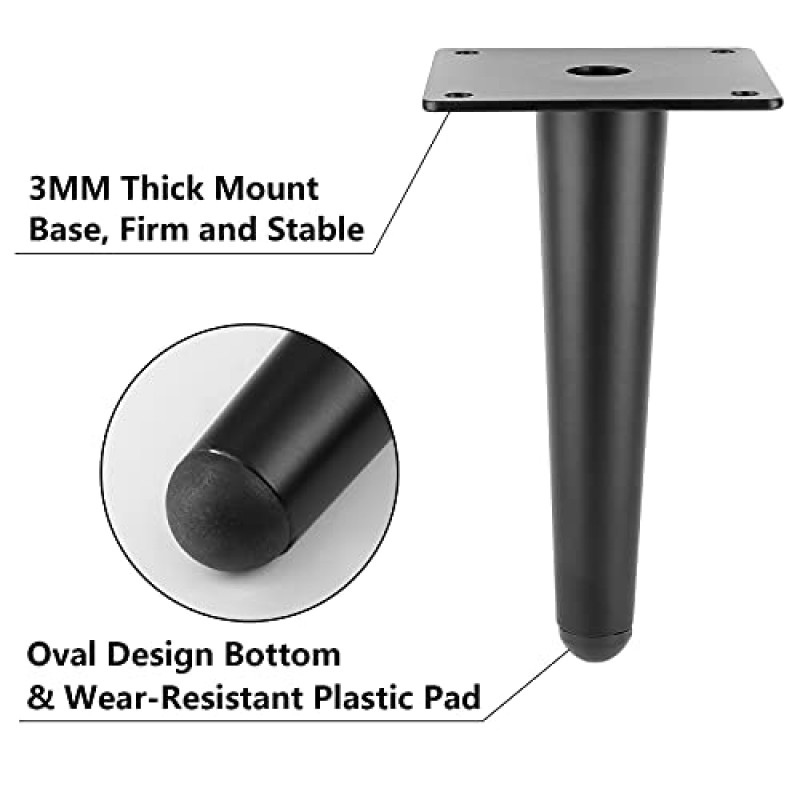 Kyuionty 4개 가구 다리 세트 6인치, 직선형 테이퍼 다리 매트 블랙 세기 중반 스타일 금속 가구 피트 캐비닛 소파 소파 테이블 오토만 다리