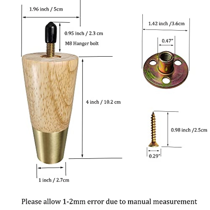 Kualuzt 가구 다리 4인치 오토만 다리 4개 세트 원목 라운드 테이퍼 골드 가구 피트 소파 소파용 교체 다리 나사가 있는 안락의자 캐비넷 드레서(4인치, 목재 자연)