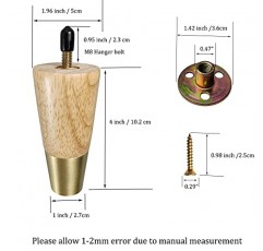 Kualuzt 가구 다리 4인치 오토만 다리 4개 세트 원목 라운드 테이퍼 골드 가구 피트 소파 소파용 교체 다리 나사가 있는 안락의자 캐비넷 드레서(4인치, 목재 자연)