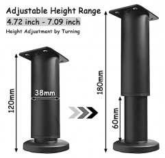 Uenede 업그레이드된 금속 조정 가능한 가구 다리, 4.72-7.09 인치 검정색 4PCS, 소파/캐비닛/소파/드레서/테이블/의자/책상/침대 프레임/침대 센터 지원용 헤비 듀티 교체 확장 높이 다리