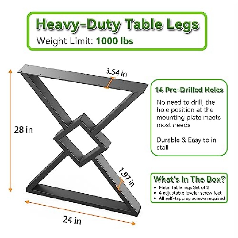 PHWOTAN 금속 테이블 다리 28인치 x 24인치, 다이아몬드 모양의 검은색 책상 다리, 식탁/책상/사무실/컴퓨터용 헤비 듀티 금속 다리, 테이블 다리 2개 세트