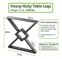 PHWOTAN 금속 테이블 다리 28인치 x 24인치, 다이아몬드 모양의 검은색 책상 다리, 식탁/책상/사무실/컴퓨터용 헤비 듀티 금속 다리, 테이블 다리 2개 세트